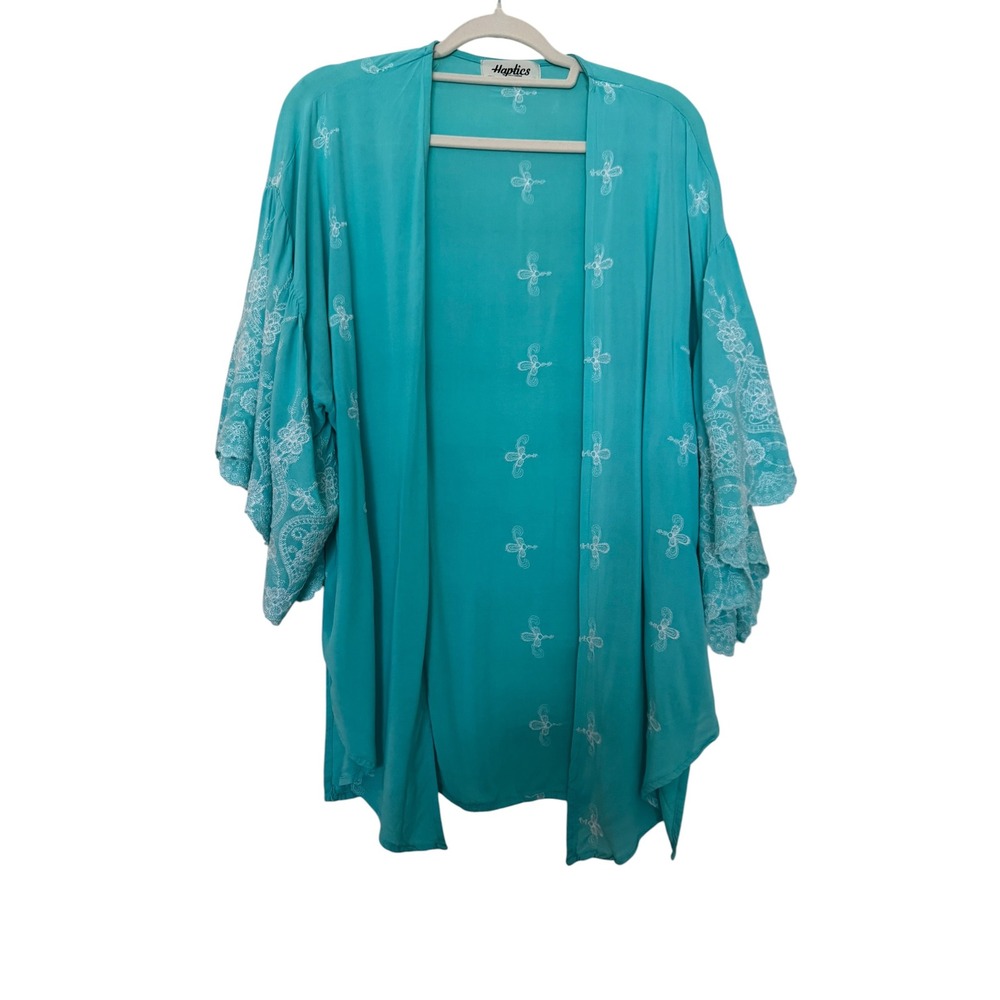Haptics Holly Harper Teal Embroidered Kimono Cardigan Turquoise Boho Medium